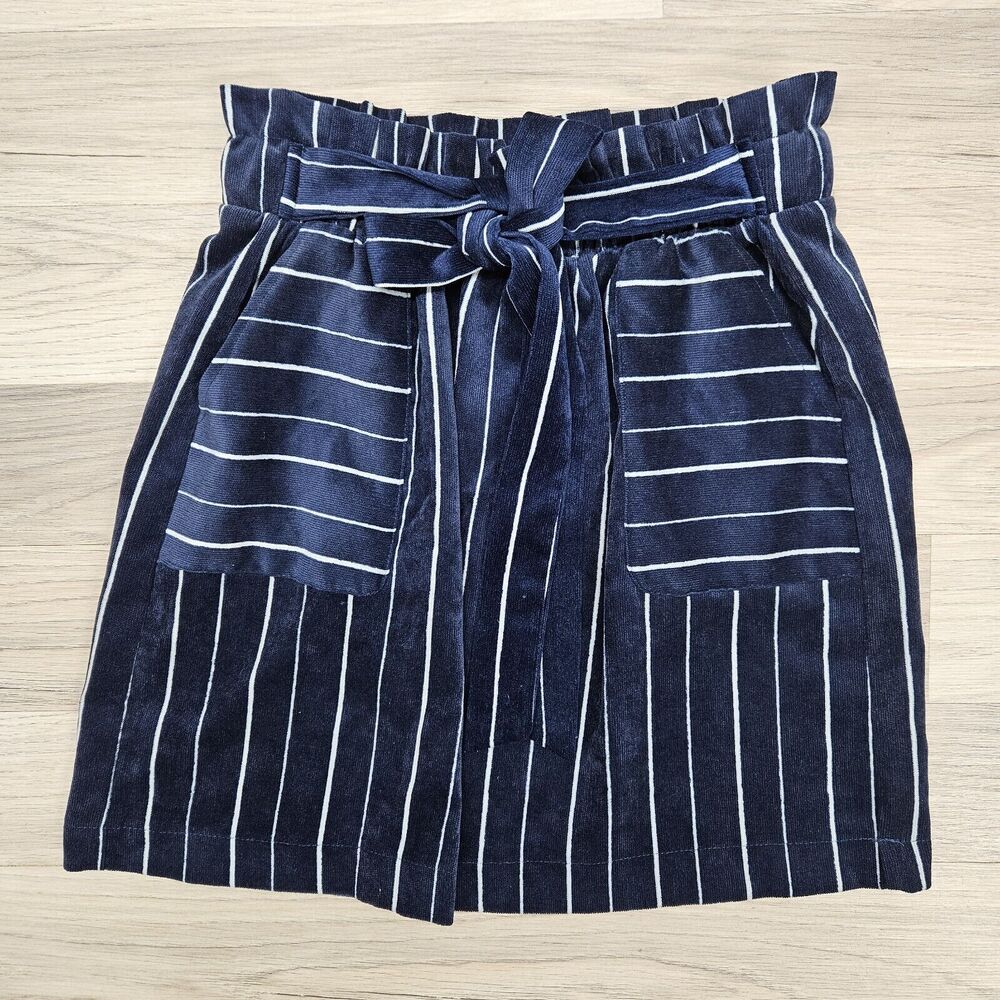 HAVE Womens Navy Blue Stripe Paperbag Corduroy Straight Mini Skirt Medium
